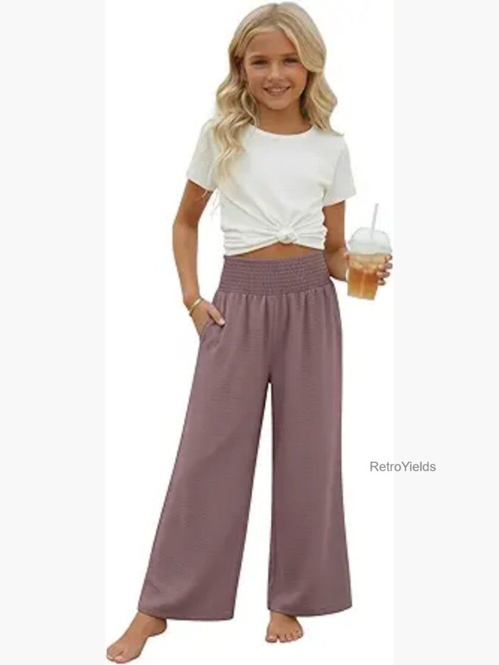 Girls Wide Leg Palazzo Pants Boho High Waist Elastic Pockets